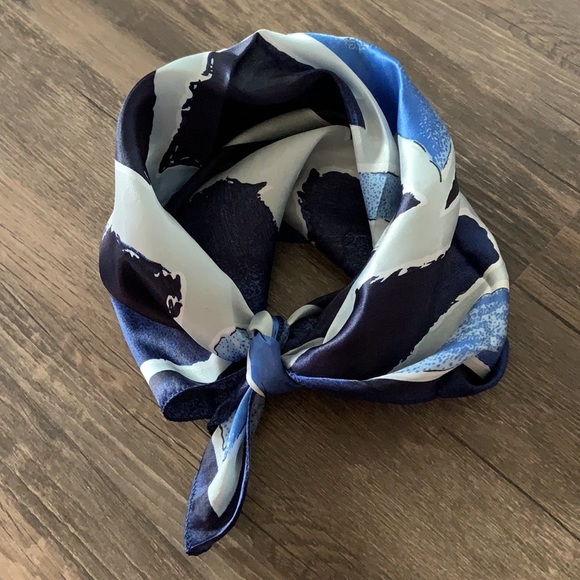 Faux Silk Blue Mosaic Print Artsy Square Neck Scarf - Picture 2 of 4